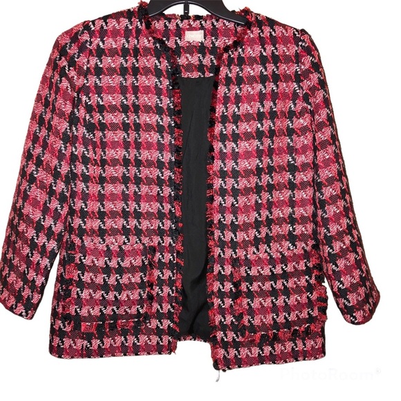 Chico’s Tweed Open Front Pocket Jacket Red Black 1 - Picture 1 of 8